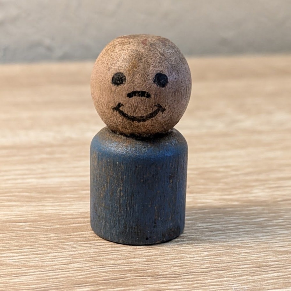 Vintage Fisher Price Little People Wooden Boy Blue Body Round Head Peg Person